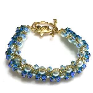 Hand Crafted Blue Crystal &  Faux Blue Pearl Beaded Bracelet, 7 Inches